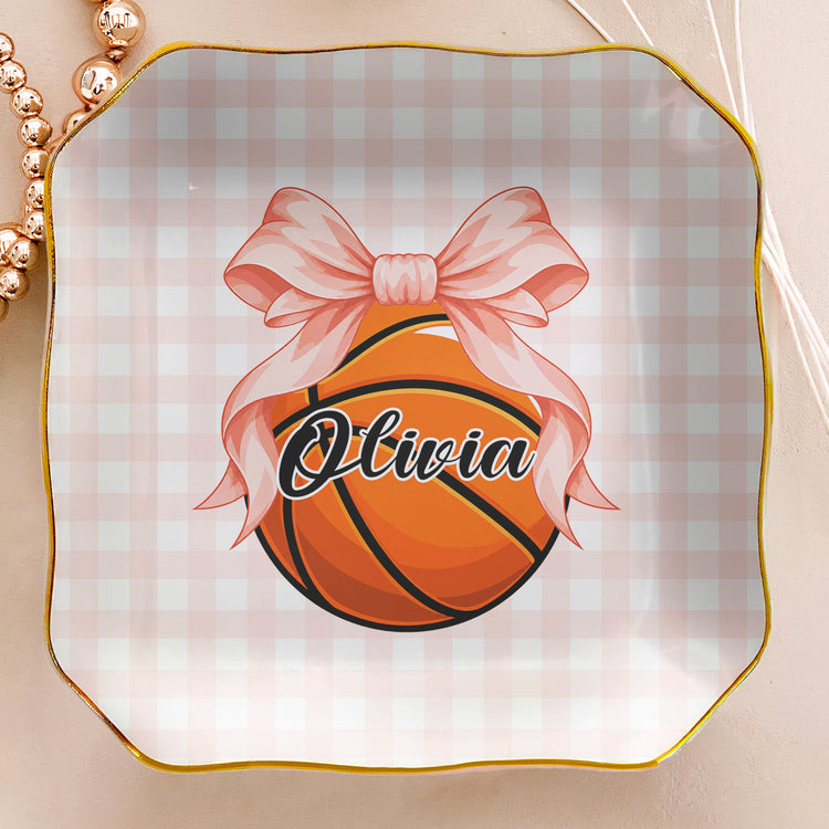 Coquette Bow Sport Custom Name Gift For Softball, Tennis, Volleyball, Basketball, Soccer, Hockey Lovers - Personalized Jewelry Dish 5