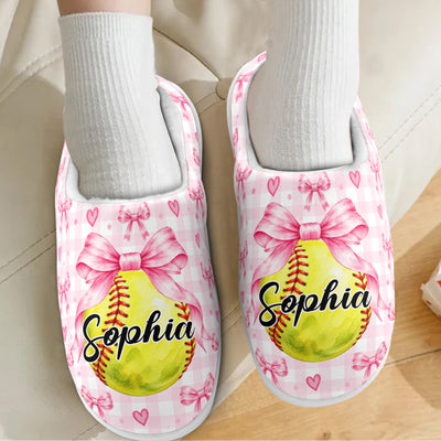 Coquette Bow Sport Custom Name Gift For Softball, Tennis, Volleyball, Basketball, Soccer, Hockey Lovers - Personalized Slippers