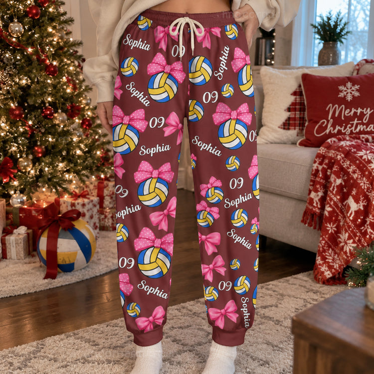 Coquette Bow Volleyball Custom Name, Number Gift For Volleyball Player, Volleyball Team - Personalized Lounge Pants 2