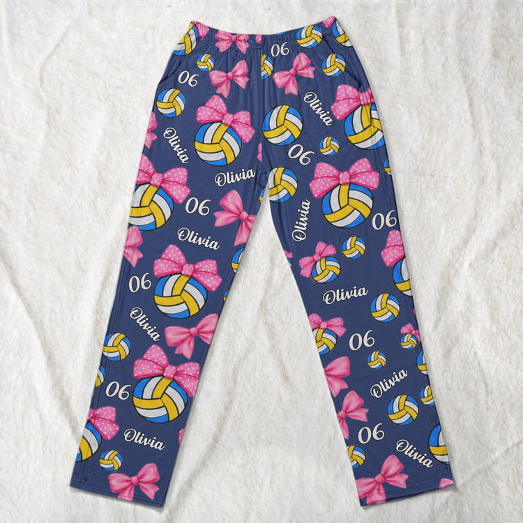 Coquette Bow Volleyball Custom Name, Number Gift For Volleyball Player, Volleyball Team - Personalized Lounge Pants 4