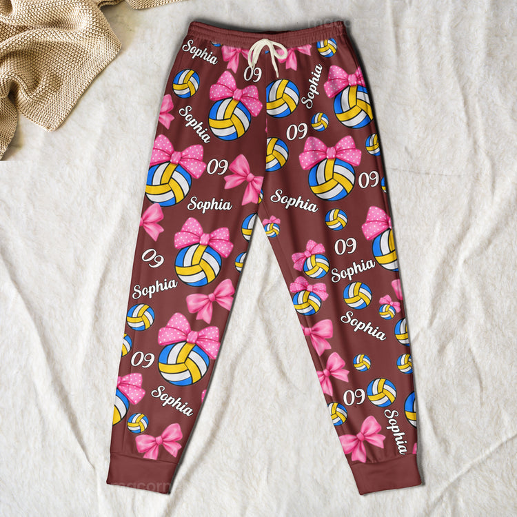 Coquette Bow Volleyball Custom Name, Number Gift For Volleyball Player, Volleyball Team - Personalized Lounge Pants 6