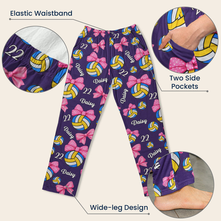 Coquette Bow Volleyball Custom Name, Number Gift For Volleyball Player, Volleyball Team - Personalized Lounge Pants 9