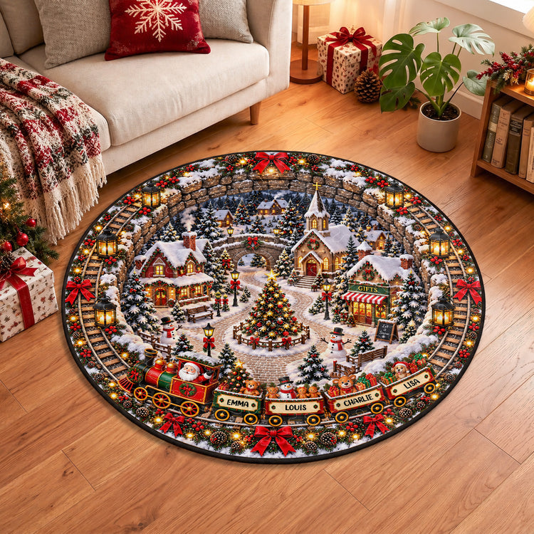 Custom 3D Winter Village Christmas Train Optical Illusion Round Rug - Personalized Quilted Mat 2