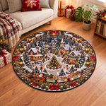 Custom 3D Winter Village Christmas Train Optical Illusion Round Rug - Personalized Quilted Mat 3