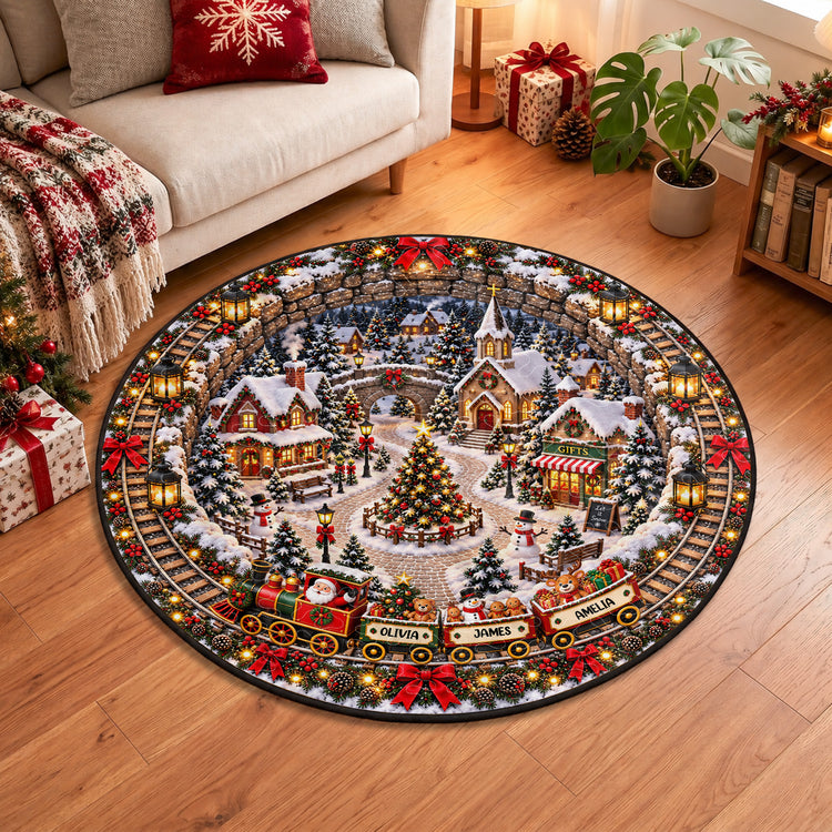 Custom 3D Winter Village Christmas Train Optical Illusion Round Rug - Personalized Quilted Mat 3