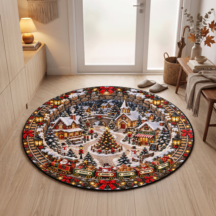 Custom 3D Winter Village Christmas Train Optical Illusion Round Rug - Personalized Quilted Mat 4