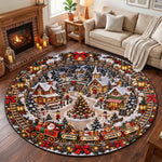 Custom 3D Winter Village Christmas Train Optical Illusion Round Rug - Personalized Quilted Mat 5
