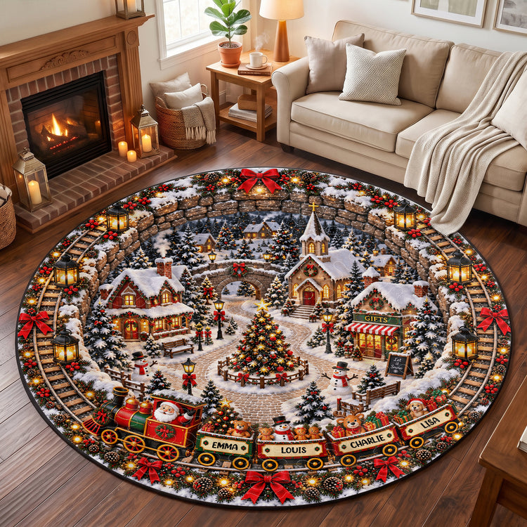 Custom 3D Winter Village Christmas Train Optical Illusion Round Rug - Personalized Quilted Mat 5
