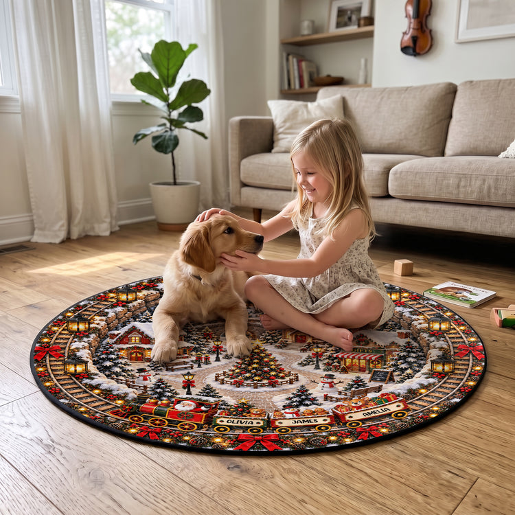 Custom 3D Winter Village Christmas Train Optical Illusion Round Rug - Personalized Quilted Mat 6