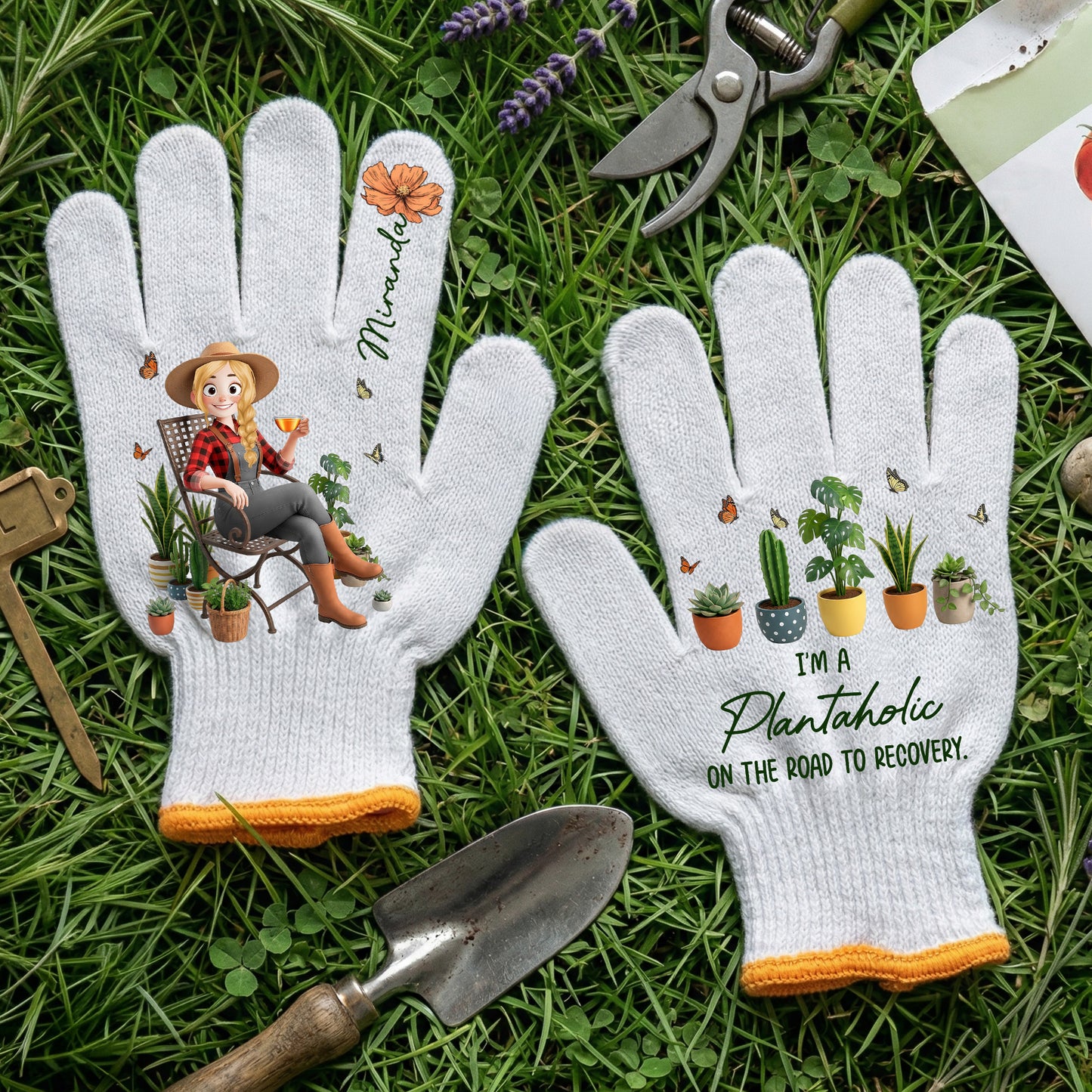 Custom Birth Flower & Cute Character - Gifts For Her, Gardener, Mom, Grandma, Wife - Personalized Gardening Gloves 1