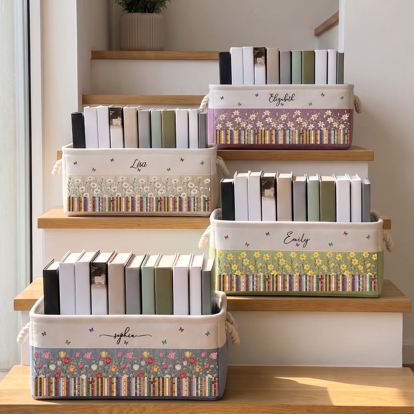 Custom Birth Flower & Name - For Book Lovers - Personalized Storage Basket 2