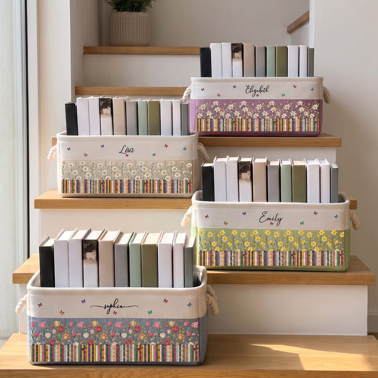 Custom Birth Flower & Name - For Book Lovers - Personalized Storage Basket 2