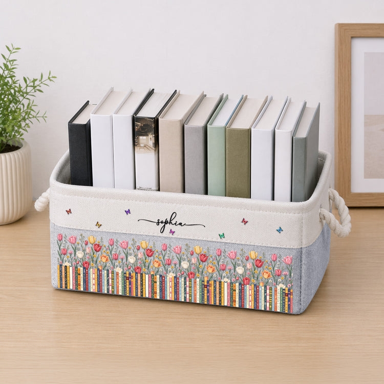 Custom Birth Flower & Name - For Book Lovers - Personalized Storage Basket 3