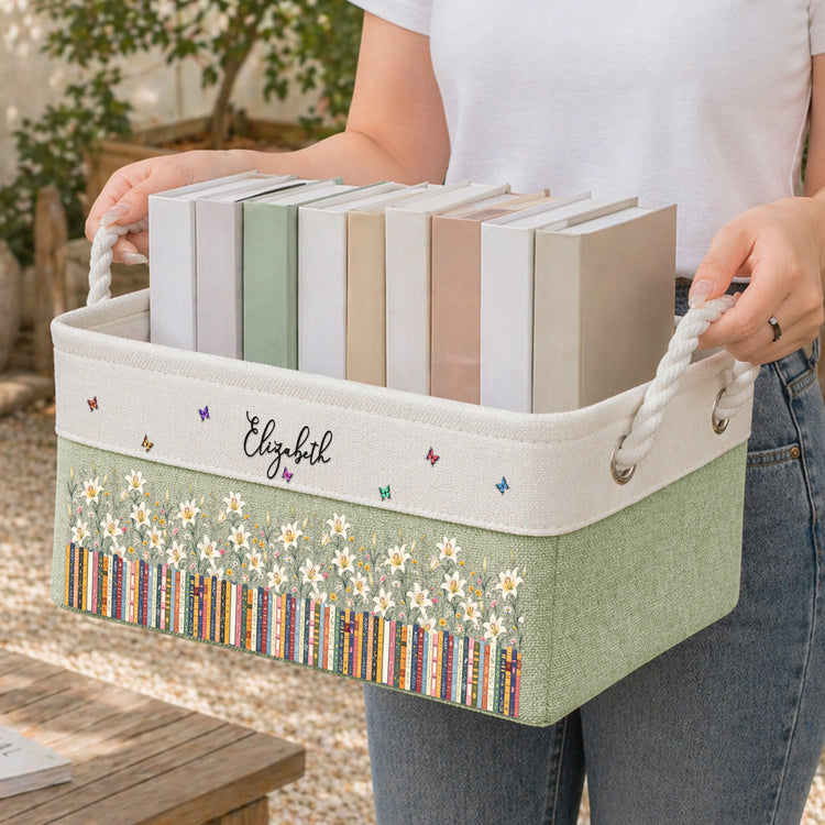 Custom Birth Flower & Name - For Book Lovers - Personalized Storage Basket 5