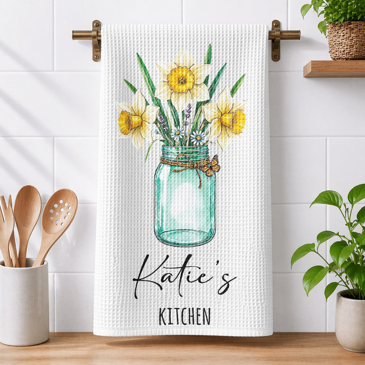 Custom Birth Flower & Name For Her Kitchen - Grandma, Mom, Wife, Sisters - Personalized Kitchen Towel 1