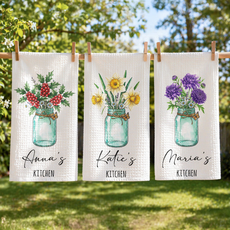 Custom Birth Flower & Name For Her Kitchen - Grandma, Mom, Wife, Sisters - Personalized Kitchen Towel 2