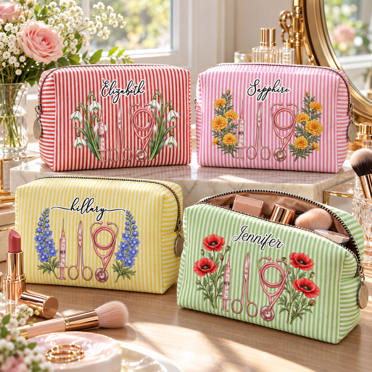 Custom Birth Flower & Name For Nurse, Coworkers, Friends, Sisters, Daughters - Personalized Makeup Bag 1
