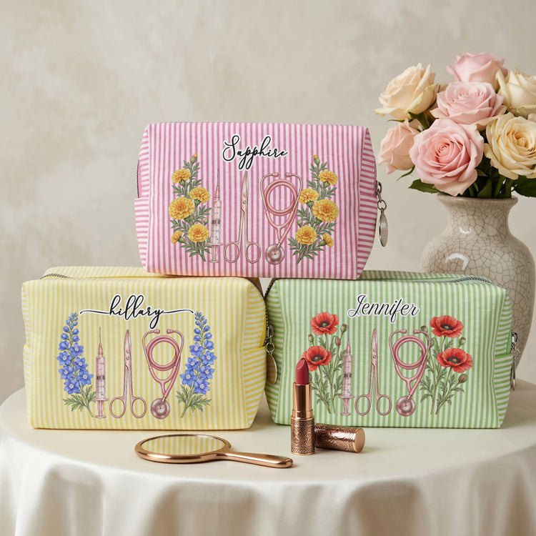 Custom Birth Flower & Name For Nurse, Coworkers, Friends, Sisters, Daughters - Personalized Makeup Bag 4