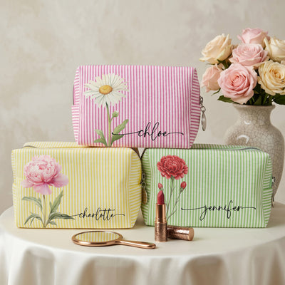 Custom Birth Flower & Name Gifts For Her, Friends, Sisters, Daughters - Personalized Makeup Bag