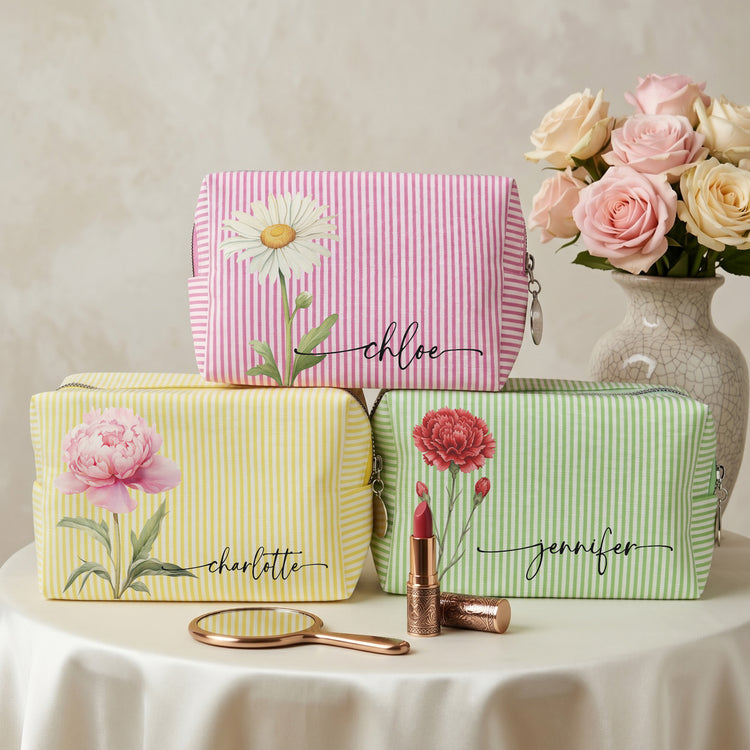 Custom Birth Flower & Name Gifts For Her, Friends, Sisters, Daughters - Personalized Makeup Bag 1