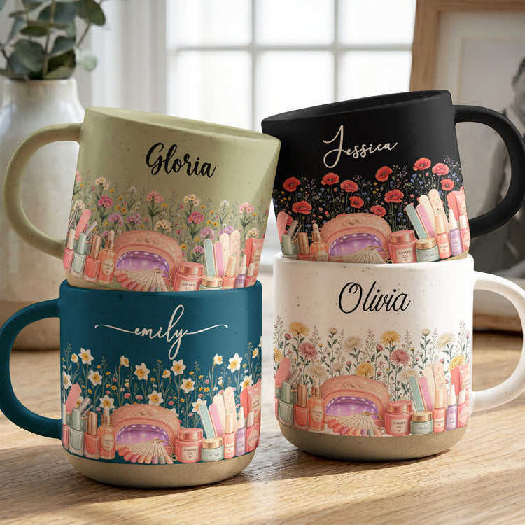 Custom Birth Flower & Name Pottery Mug - Gift For Nail Tech - Personalized Mug 1
