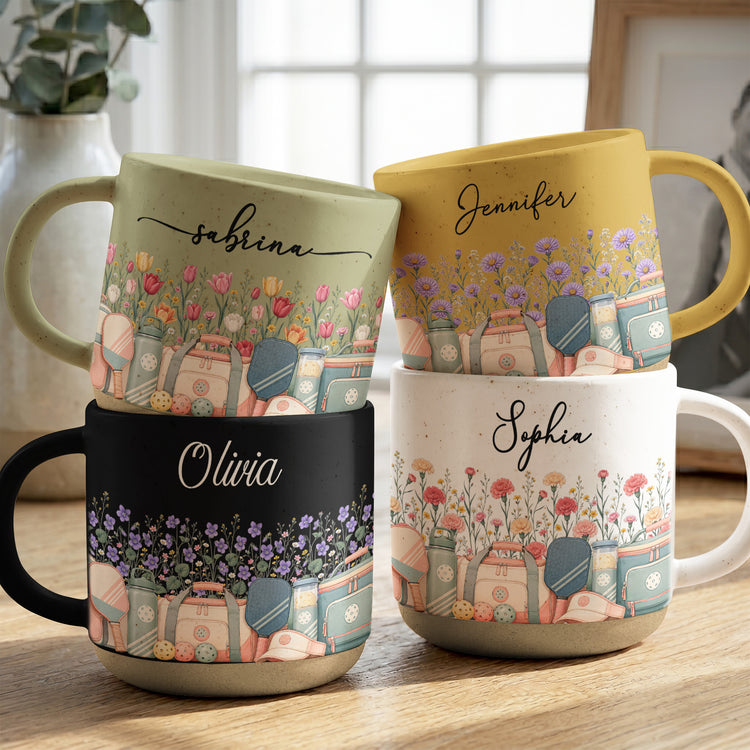 Custom Birth Flower & Name Pottery Mug - Gift For Pickleball Lovers - Personalized Mug 1