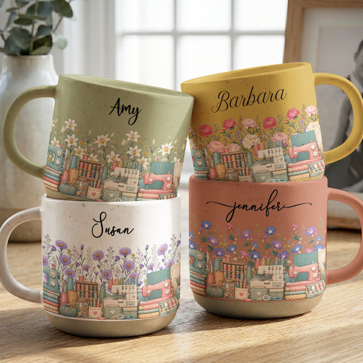 Custom Birth Flower & Name Pottery Mug - Gift For Sewist - Personalized Mug 1