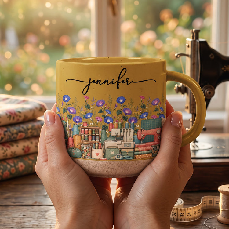 Custom Birth Flower & Name Pottery Mug - Gift For Sewist - Personalized Mug 3