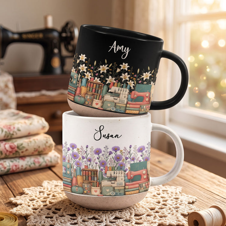 Custom Birth Flower & Name Pottery Mug - Gift For Sewist - Personalized Mug 2