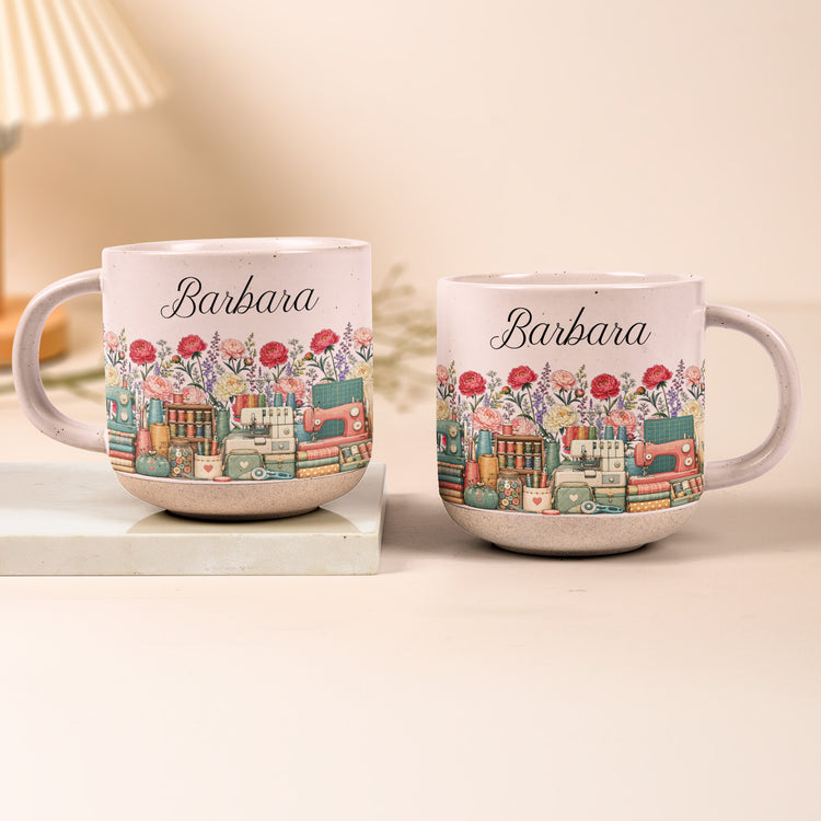 Custom Birth Flower & Name Pottery Mug - Gift For Sewist - Personalized Mug 4