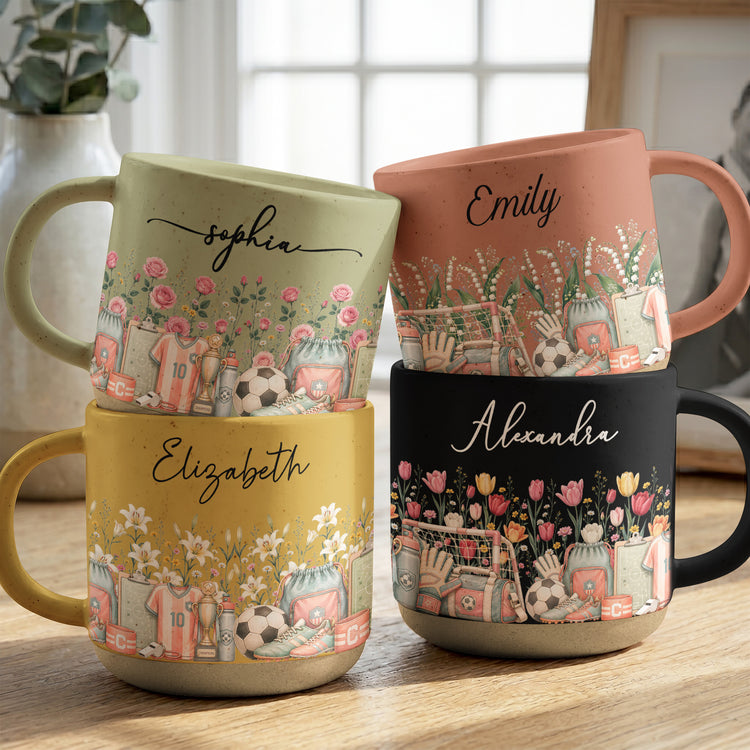 Custom Birth Flower & Name Pottery Mug - Gift For Soccer Lovers Soccer Fans - Personalized Mug 1