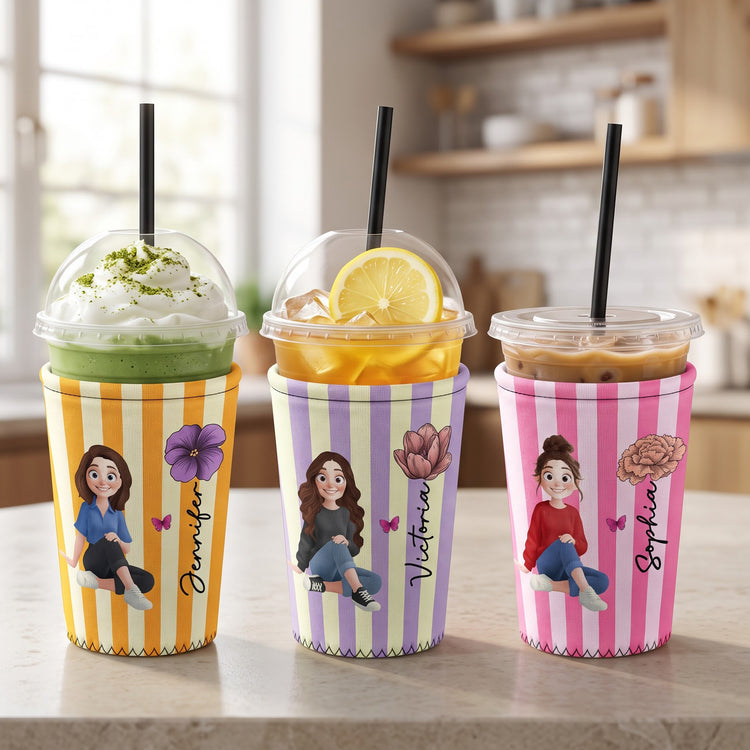 Custom Birth Flower, Name & Cute Character For Her, Daughter, Mom, Friends - Personalized Iced Coffee Sleeve 1