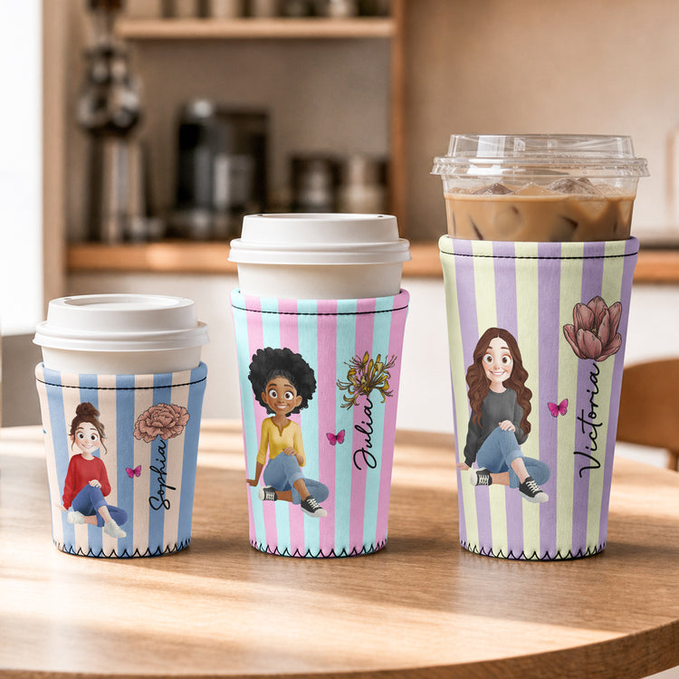Custom Birth Flower, Name & Cute Character For Her, Daughter, Mom, Friends - Personalized Iced Coffee Sleeve 3