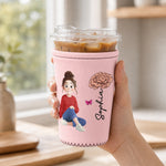 Custom Birth Flower, Name & Cute Character For Her, Daughter, Mom, Friends - Personalized Iced Coffee Sleeve 4