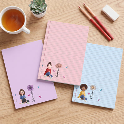 Custom Birth Flower, Name & Cute Character For Her, Daughter, Mom, Friends - Personalized Notepad