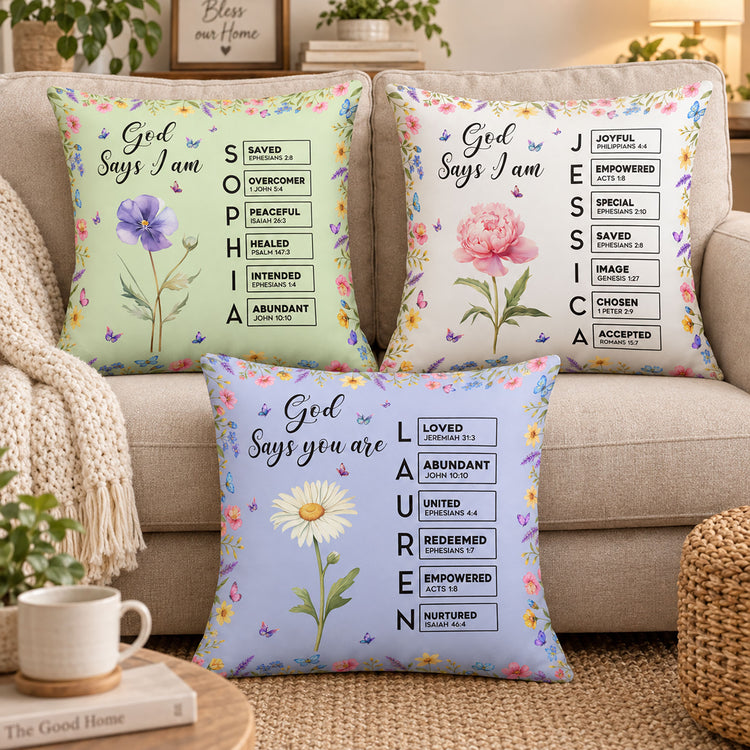 Custom Birth Flower Name In Bible Verses God Says I Am For Her, Daughter, Sister, Friend - Personalized Pillow 1