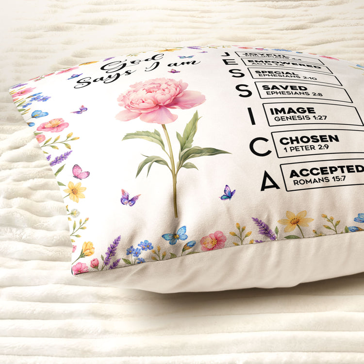 Custom Birth Flower Name In Bible Verses God Says I Am For Her, Daughter, Sister, Friend - Personalized Pillow 6