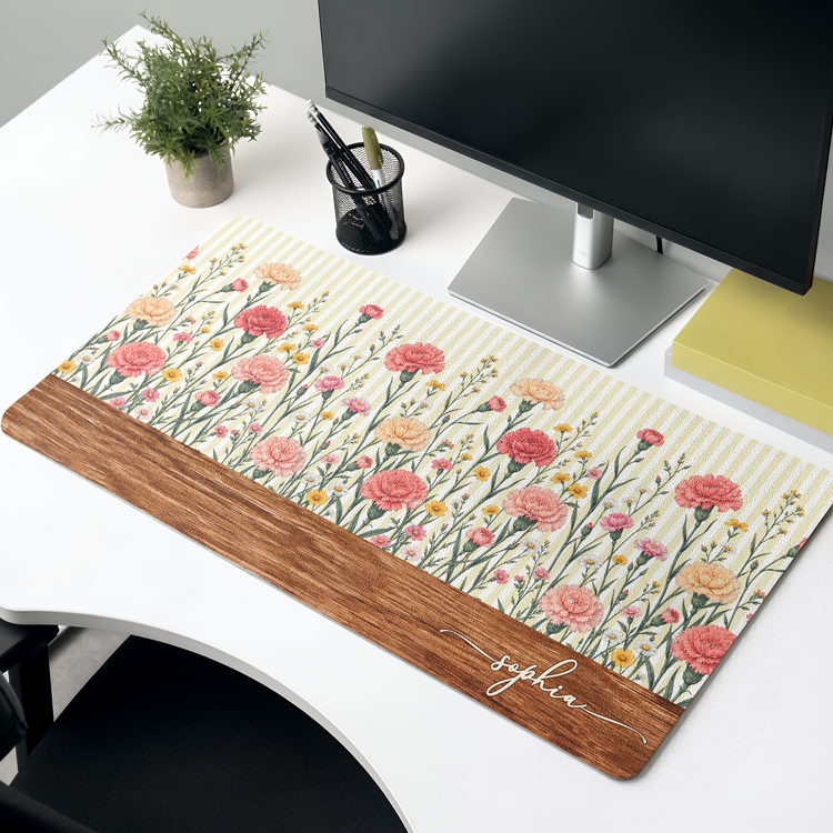 Custom Birth Flower Striped Pattern Custom Name New Version - Personalized Desk Mat 2