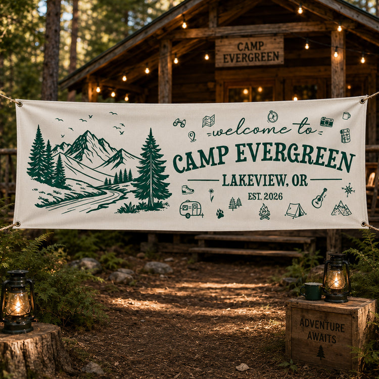 Custom Camp Welcome, Camping Party Sign, Outdoor Adventure Decor - Personalized Banner 1