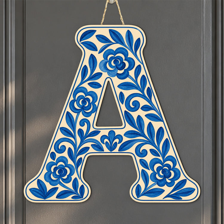 Custom Chinoiserie Monogram Door Hanger Floral Watercolor - Personalized Wood Sign 2