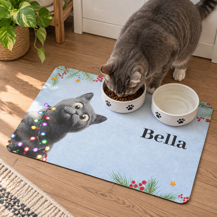 Custom Christmas Dog Cat Food Bowl Mat, Holiday Pet Placemat, Christmas Gift For Pet Lovers - Personalized Pet Feeding Mat 1