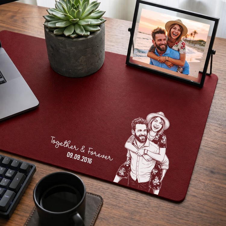 Custom Couple Photo Sketch Line Art Anniversary Gift For Him, Her - Personalized Desk Mat 2