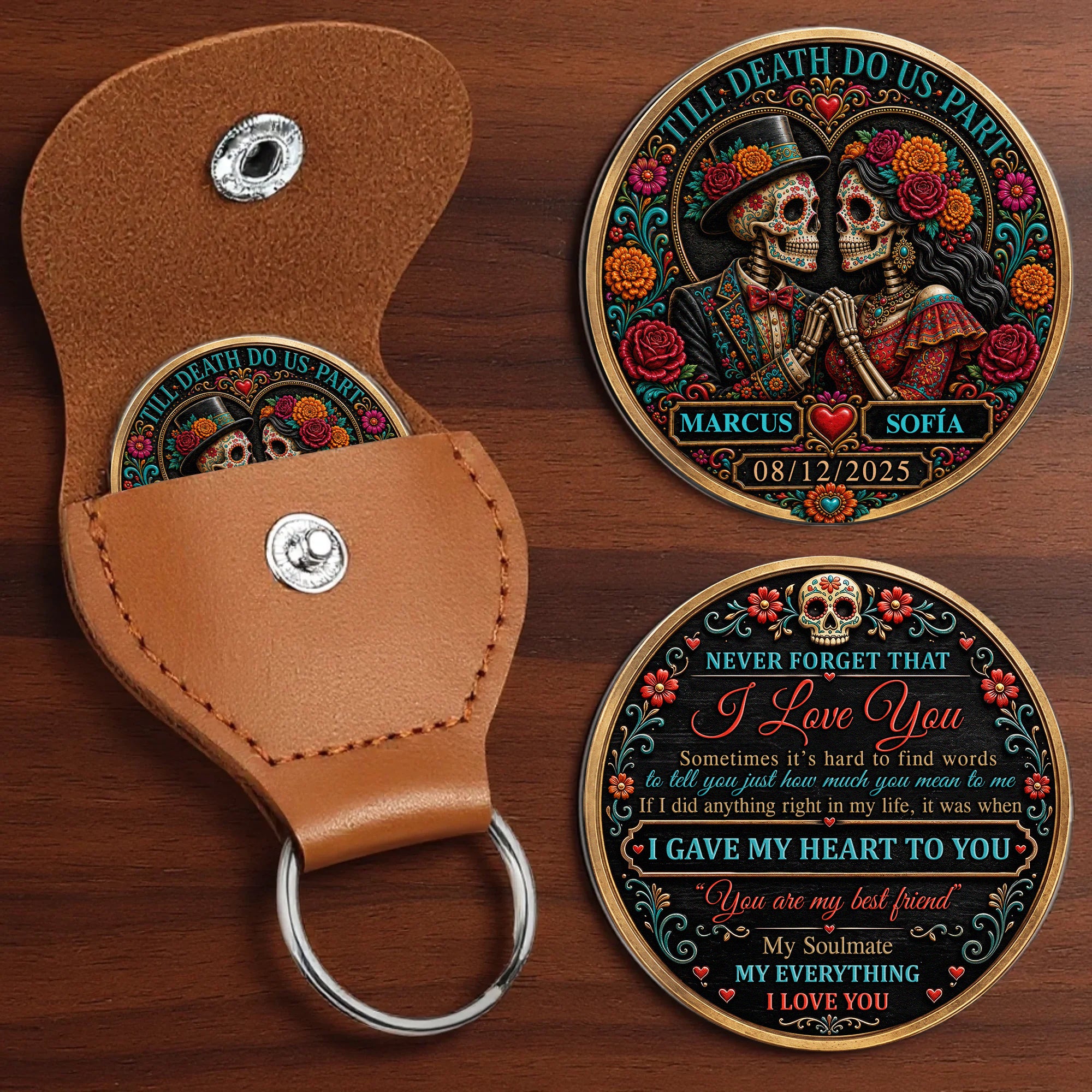 Custom Couple Photo Sugar Skull Art Anniversary Gift For Him, Her - Personalized Pocket Hug 1