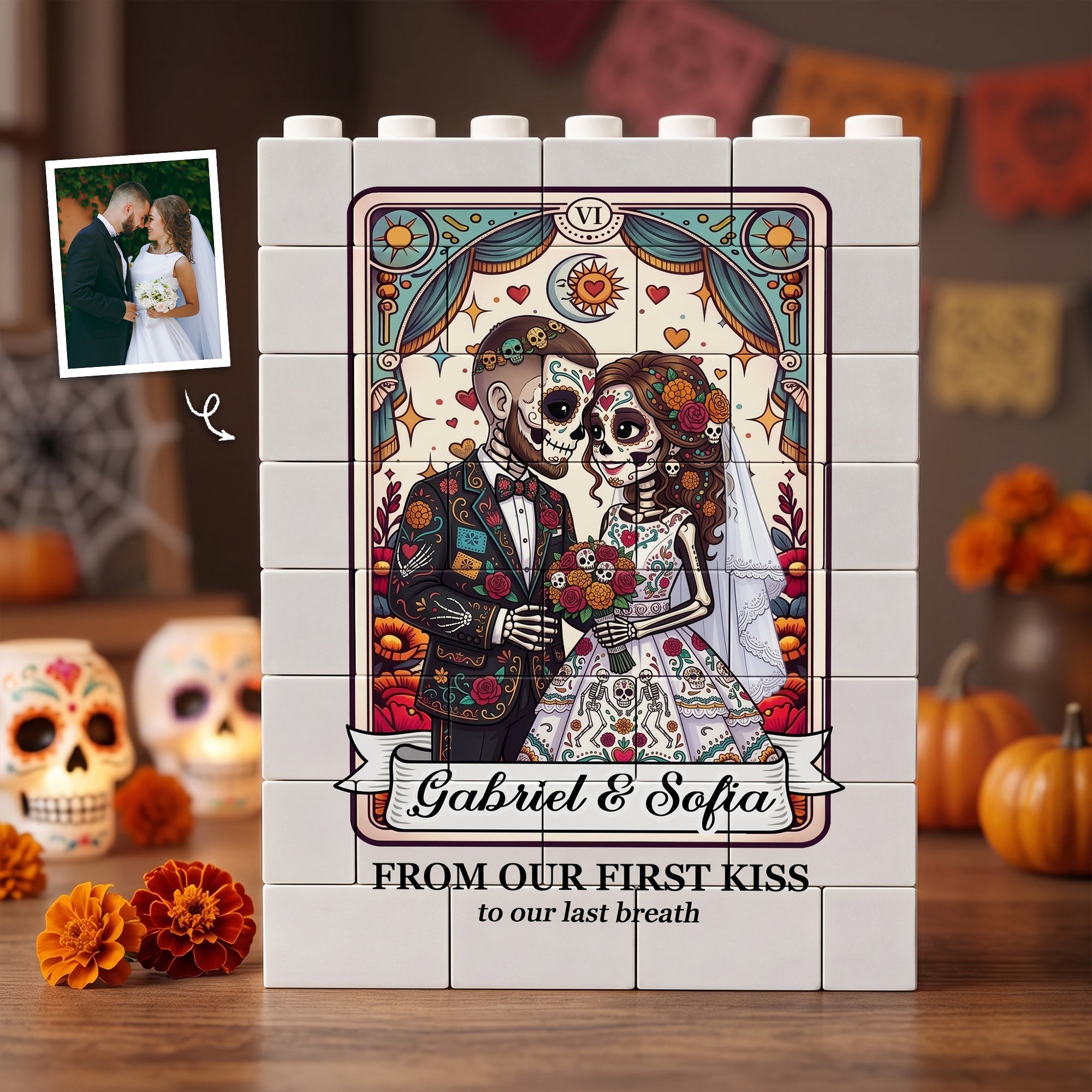 Custom Couple Portrait Till Death Do Us Part Sugar Skull - Personalized Building Blocks 1
