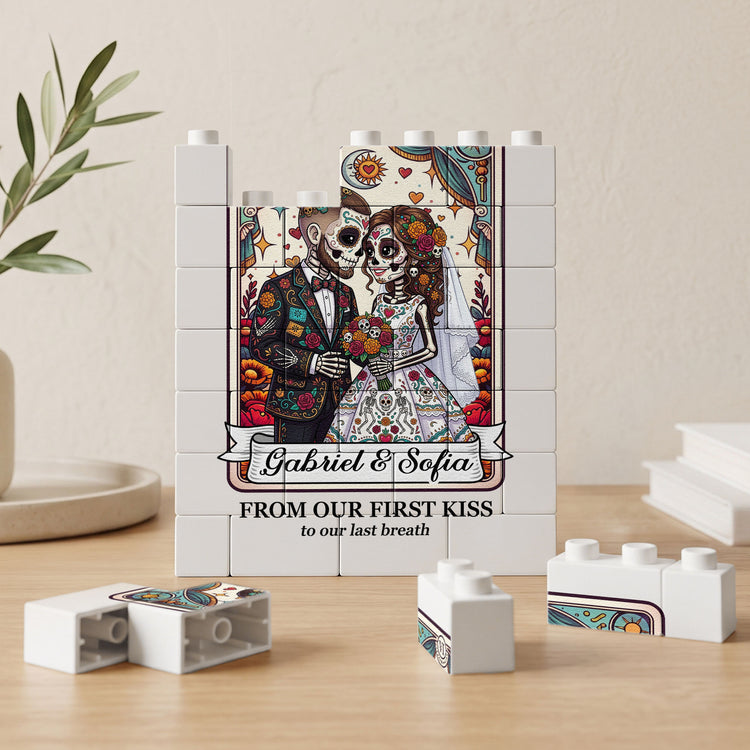 Custom Couple Portrait Till Death Do Us Part Sugar Skull - Personalized Building Blocks 2
