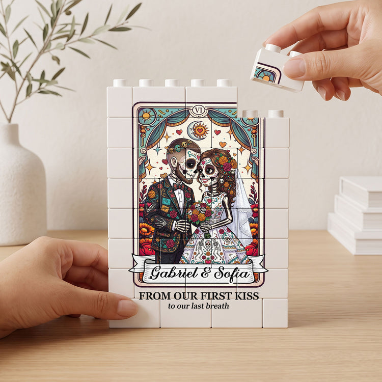 Custom Couple Portrait Till Death Do Us Part Sugar Skull - Personalized Building Blocks 3