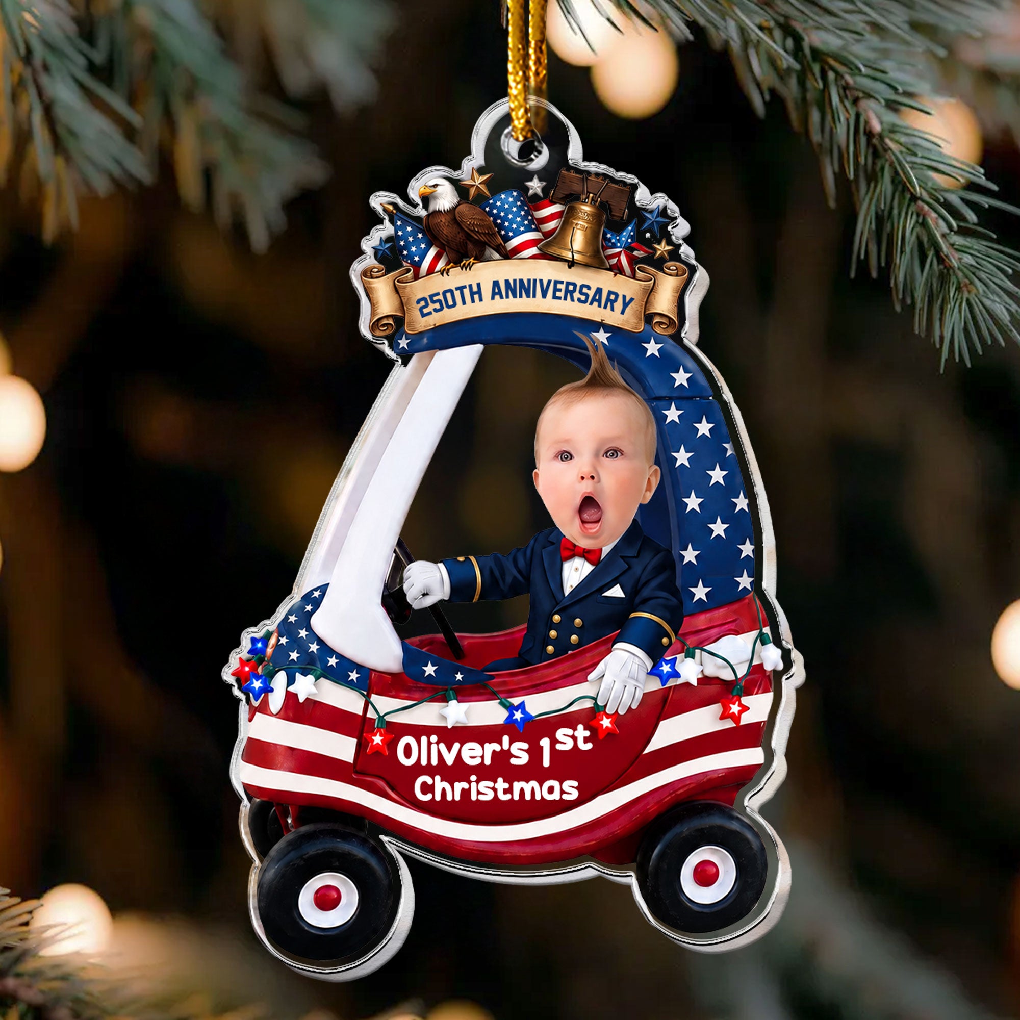 Custom Cute Face Baby First Christmas 250th Anniversary - Personalized Ornament 1
