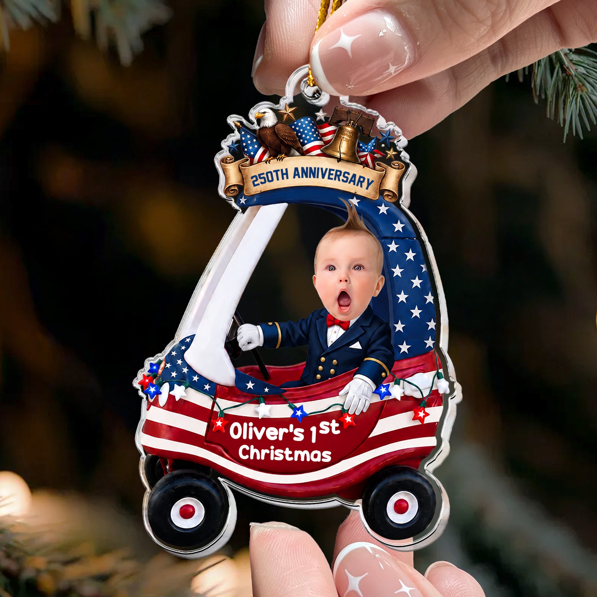 Custom Cute Face Baby First Christmas 250th Anniversary - Personalized Ornament 2
