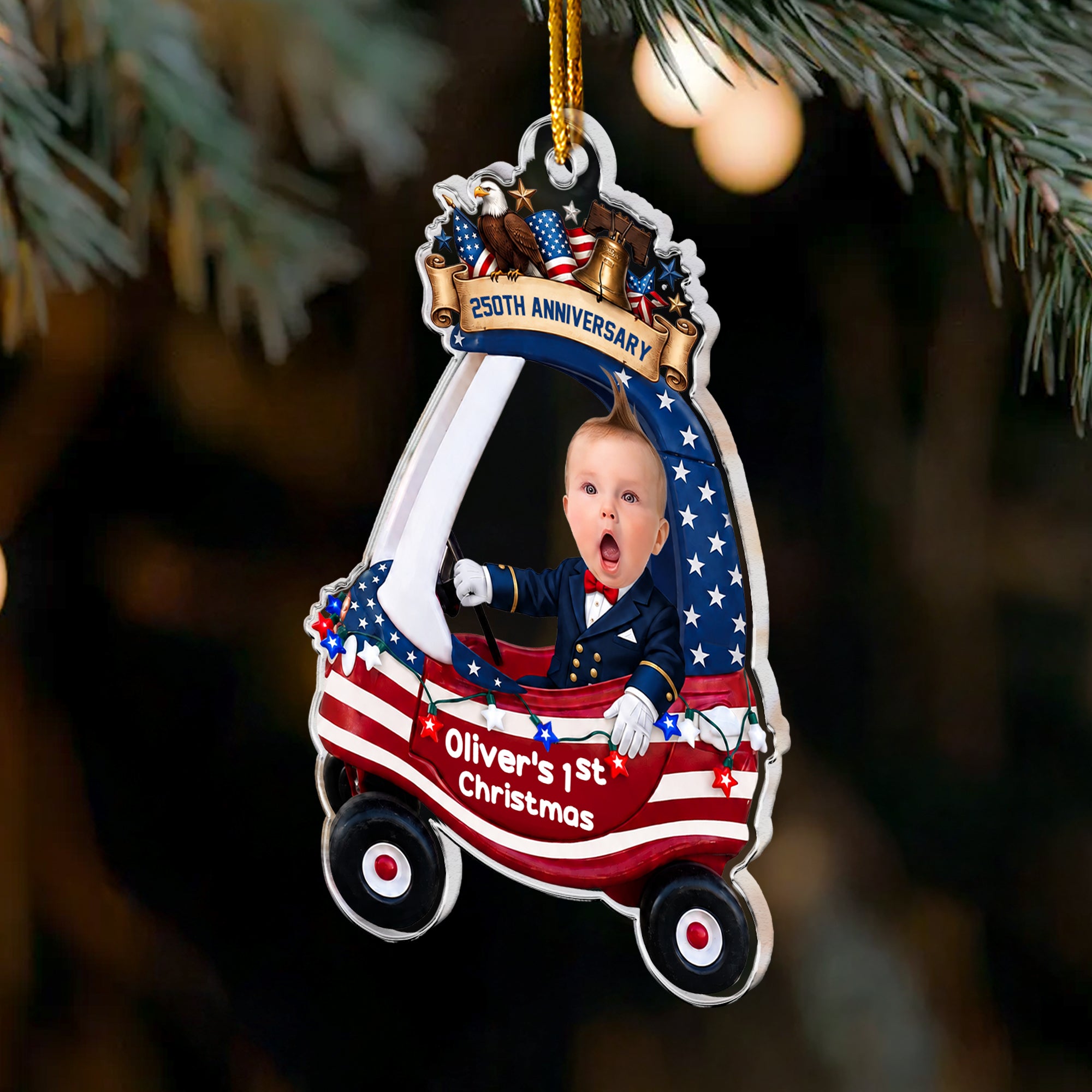 Custom Cute Face Baby First Christmas 250th Anniversary - Personalized Ornament 3