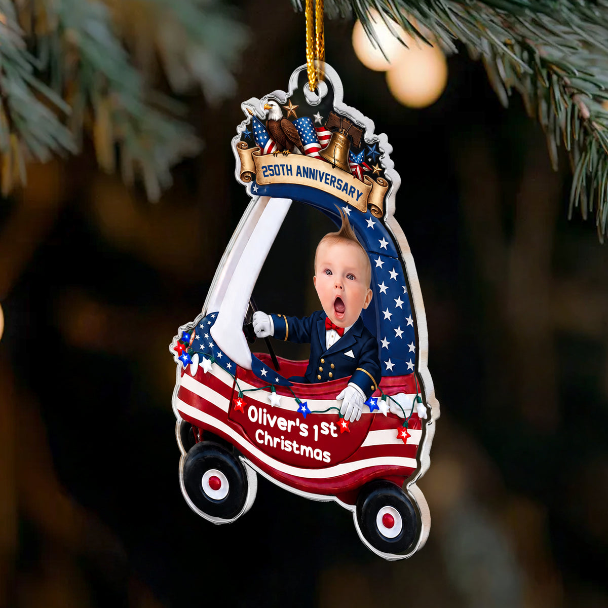 Custom Cute Face Baby First Christmas 250th Anniversary - Personalized Ornament 3